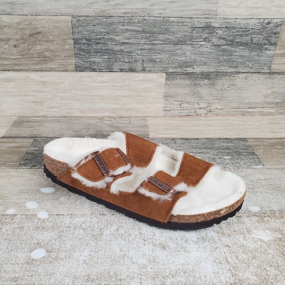 Birkenstock Shoes - Birkenstock Arizona Womens Slides Sandals Sz 5 Narrow Mink Shearling Suede